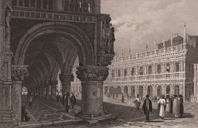 Zkrácení podloubí Dóžecího paláce (Palazzo Ducale) s výhledem na náměstí svatého Marka a palác knihovny, Benátky, Veneto, Itálie, ocelorytina podle kresby Samuela Prouta (1783-1852), cca 15x11,5 cm