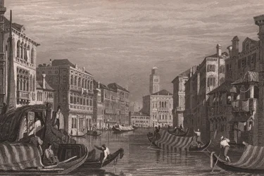 Gondoly na Canal Grande (Canal Grande), Benátky, Veneto, Itálie, ocelorytina podle kresby Samuela Prouta (1783-1852), cca 15x11,5 cm