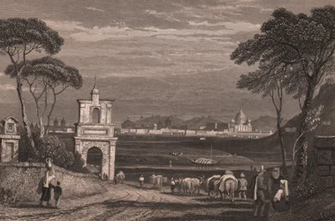 Řím s kupolí baziliky svatého Petra vpravo, Lazio, Itálie, ocelorytina z kresby Samuela Prouta (1783-1852), cca 15x115 cm