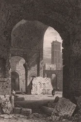 Rauhantemppeli tai Vespasianuksen foorumi, Rooma, Lazio, Italia, teräskaiverrus Samuel Proutin (1783-1852) piirroksesta, n. 15x115 cm