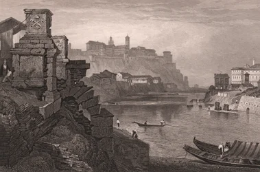 Řeka Tibera s horou Aventine v pozadí, Řím, Lazio, Itálie, ocelorytina z kresby Samuela Prouta (1783-1852), cca 15x115 cm