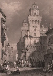 Pohled na Castello Estense, Ferrara, Emilia-Romagna, Itálie, ocelorytina od Johna Godfreye (asi 1817-1889) podle kresby Samuela Prouta (1783-1852), asi 26x17 cm, vydáno Blackie and Son