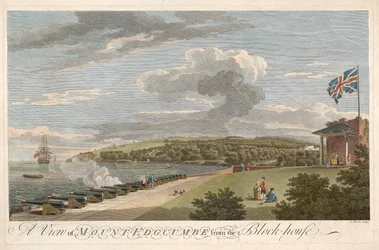 Pohled na horu Edgcumbe z Block House, hospoda. 1755.