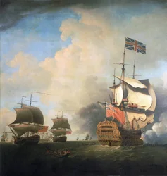 Válečné lodě britského královského námořnictva manévrující s plachtami ve větru. Olej na plátně, kolem roku 1736, autor Samuel Scott (1702-1772).