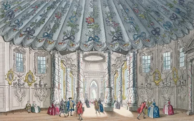 Pohled do interiéru elegantního hudebního sálu ve Vauxhall Gardens, vyryl H. Roberts, 1752 (ručně kolorovaná rytina)