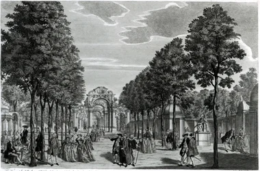 Triumfální oblouky, Händelova socha v South Walk of Vauxhall Gardens, rytina Johna S. Mullera (ručně kolorovaný lept a rytina)