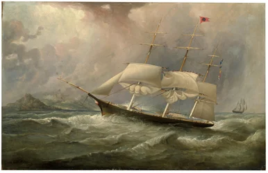 Black Ball Line clipper loď Ocean Chief zmenšující plachtu na jejím australském běhu, kolem roku 1853