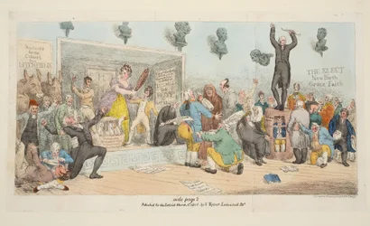 Talíř ze satirik, hospoda. 1. března 1808 (ručně kolorovaná rytina