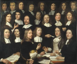 Skupinový portrét mincmistrů z Dordrechtu (Portrait de groupe des maitres et des officer de la monnaie de Dordrecht) - Peinture de Samuel Dirksz van Hoogstraten (1627-1678) - 1674 - Olej na plátně - 139,5x166 - Muzeum Dordrechts