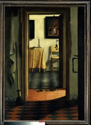 Pantofle. Interiér domu v Holandsku - Malba Samuela Hoogstratena (1626-1678), vlámská škola, 17. století, 1,03 x 0,70 m, Paříž, Musée du Louvre