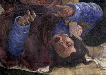 Příběh Mojžíšova života. Detail: Egypťan pod Mojžíšovým mečem. Obraz Alessandra di Mariano dei Filipepi známý jako Sandro Botticelli (1445-1510). Freska