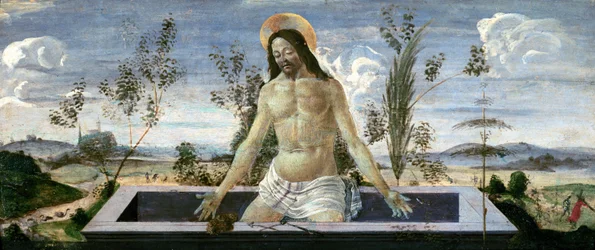 Panel Predella zobrazující Vzkříšení z oltáře sv. Barnabáše (tempera na panelu) (viz také 44334,44354,44358,85657)