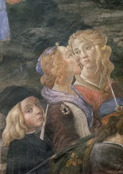 Očištění malomocného a pokušení Krista, v Sixtinské kapli: detail dvou žen a mladého chlapce v davu, freska z roku 1481
