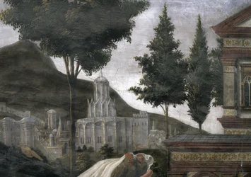 Očištění malomocného a pokušení Krista, v Sixtinské kapli: detail imaginárního města v krajině, freska z roku 1481
