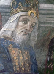 Očištění malomocného a pokušení Krista, v Sixtinské kapli: detail hlavy kněze, freska z roku 1481