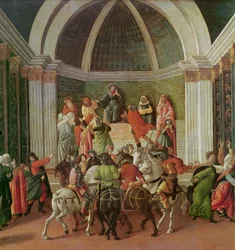 The Story of Virginia detail centra: Virginia est souzená a odsouzená k otroctví, tempera 1500-04 na panelu