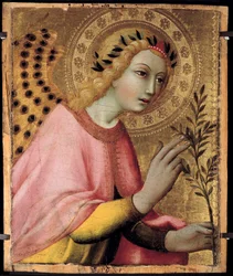 Anděl z oltáře Zvěstování od Sano di Pietro (1406-1481). 1450-1 Slunce 40x35 m. Avignon, muzeum Peter Palace