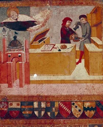 Camerlingvista si symbolicky myje ruce, zatímco dobrotivá a ochranná Panna letí nad městem Siena Detail. Dřevomalba od Sano di Pietro (1406-1481) zdobící Bicchernu (obálka účetní knihy města Siena) 1451.