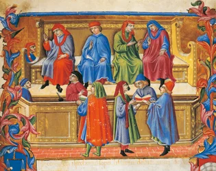 Miniatura Obchodního tribunálu ze Statut of the Merchants by Sano di Pietro (1472), Itálie 15. století.