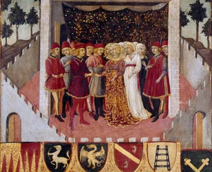 Svatební obřad páru šlechty města Siena Obraz Sano di Pietro (1406-1481) zdobení Biccherny (obálka účetního rejstříku města Siena) 1473. Siena Archivio di Stato, Itálie