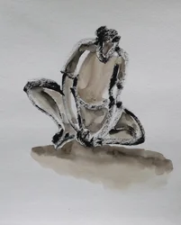 Zamyslena, v podřepu