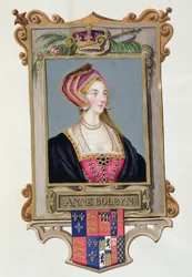 Portrét Anny Boleynové (1507-36), druhé královny Jindřicha VIII., jako mladé ženy z knihy "Memoáry ze dvora královny Alžběty", vydané v roce 1825 (kvaš a čb na papíře)