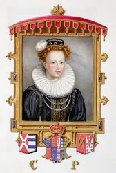 Portrét Catherine Parr (1512-1548) Šestá manželka Jindřicha VIII. jako mladá vdova z „Paměti dvora královny Alžběty“, vydané v roce 1825 (wc a kvaš na papíře)