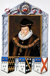 Portrét Edwarda Fiennese de Clinton (1512-85) 1. hraběte z Lincolnu z „Paměti dvora královny Alžběty“, vydané v roce 1825 (akvarel a kvaš na papíře)