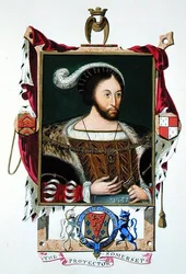 Portrét Edwarda Seymoura (asi 1506-52), lorda protektora Eduarda VI. a vévody ze Somersetu, z knihy "Memoirs of the Court of Queen Elizabeth", vydané v roce 1825 (akvarel a kvaš na papíře)