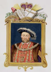 Portrét Jindřicha VIII. (1491-1547) jako obránce víry z „Memoárů dvora královny Alžběty“, po portrétu podle vzoru fresky Hanse Holbeina (14978-1543) v Hampton Court, publikovat