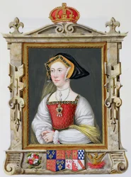 Portrét Jany Seymourové (asi 1509-37), třetí manželky Jindřicha VIII., z díla „Memoirs of the Court of Queen Elizabeth“, podle portrétu Hanse Holbeina (1497-1543), vydáno 1825