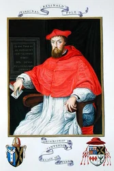 Portrét Reginalda Polea (1500-58) arcibiskupa z Canterbury a legáta z Viterba z „Memoárů ze dvora královny Alžběty“, vydané v roce 1825 (akvarel a kvaš na papíře)