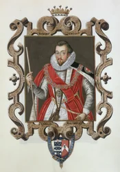 Portrét Roberta Cecila (1563-1612) 1. hraběte ze Salisbury z „Paměti dvora královny Alžběty“, vydané v roce 1825 (wc a kvaš na papíře)