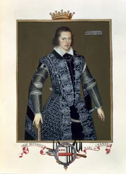 Portrét Roberta Devereuxe (1566-1601), 2. hraběte z Essexu, z knihy Memoáry ze dvora královny Alžběty podle olejomalby sira Williama Segara (fl.1913-d.1633) vydané v roce 1825 (čb a kvaš na papíře)