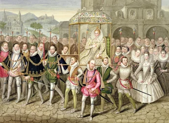Královna Alžběta I. v průvodu se svými dvořany (kolem 1600) z knihy „Memoirs of the Court of Queen Elizabeth“, podle olejomalby připisované Robertu Peakeovi (kolem 1592-1667) na zámku Sherborne, vydáno v 18