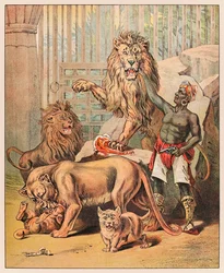 Předvádění lvů se svým psovodem v cirkusu Barnum & Bailey ze zvěřince P.T.Barnum