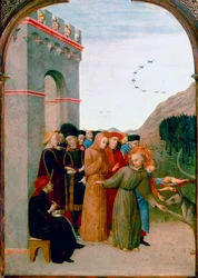Svatý František z Assisi mluví s vlkem z Gubbia (detail) (vaječná tempera na topolovém panelu)