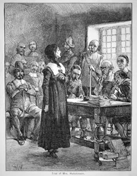Anne Hutchinsonová před soudem za urážku puritánského duchovenstva v Massachusetts (litho)
