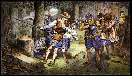 Obrana kojenecké osady před indiánským útokem v kolonii Jamestown ve Virginii v roce 1607 (barevné lito)