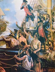 "Ještě jsem nezačal bojovat," křičí Jones vzdor ze své lodi Bonhomme Richard na HMS Serapis, 23. září 1779 (barevně lito)