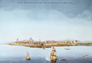 Nový Amsterdam na ostrově Manhattan v roce 1650 (barevné lito)