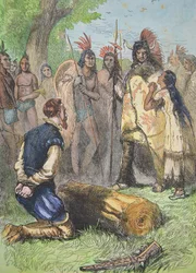 Pocahontas zachrání život Johnu Smithovi (barevná rytina)