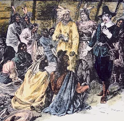 Roger Williams kupuje požadovanou půdu od indiánů Narragansett (barevné lito)