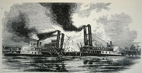Srážka ‚západního světa‘ s ‚H.R.W Hill‘, na Mississippi (rytina)
