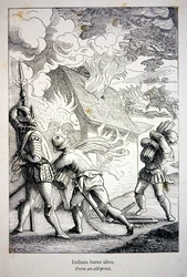 Španělé v Americe vypalují indiánskou vesnici (litho)