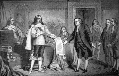 William Penn obdrží Chartu Pennsylvanie od Karla II. Anglie v roce 1681 (litho)