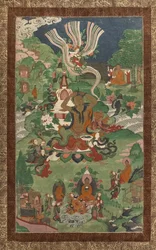 Účes a další scény. Thangka z pokračování věnovaného hlavním epizodám života Buddhy.