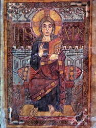 Karolínské umění: Kristus v majestátu (ve slávě). Miniatura z rukopisu „Evangeliaire de Godescalc, Ecole du Palais de Charlemagne““ (folio 3), kopie Godescalca z pokladnice Saint-Sernin de Toulouse, Bibliotheque du Louvre, 781-783. BN, Paříž