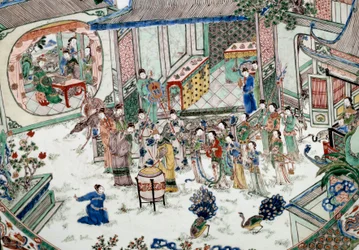 Čínské umění: tradiční večírek s koncertem. Malování na porcelán. 18. století. Paříž, Guimetovo muzeum, Národní muzeum asijského umění