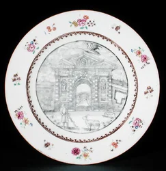 Jídelní talíř zdobený en grisaille emaily Rose Famille zobrazující Jacoba Bobarta (1599-1680) s kozou a psem, období Qianlong (1736-95) (porcelán)